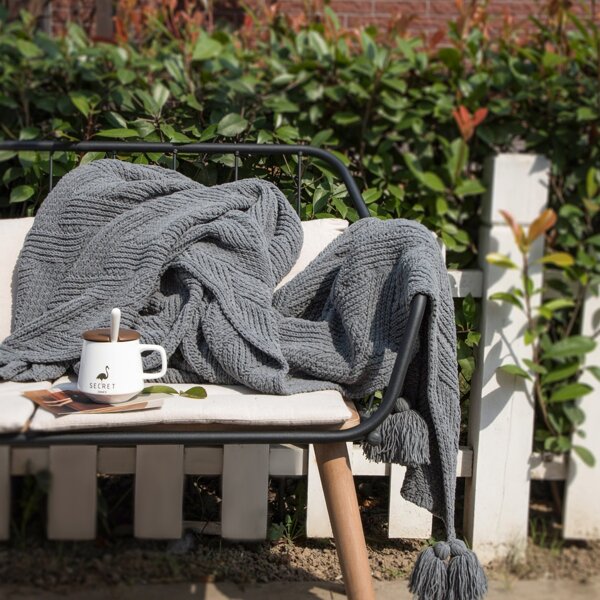 

Tassel Detail Knitted Blanket, Grey