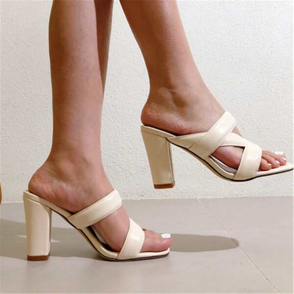 

Plain Chunky Heeled Mule Sandals, Beige