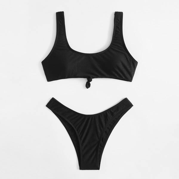 

Knot Hem High Cut Bikini Swimsuit, Black