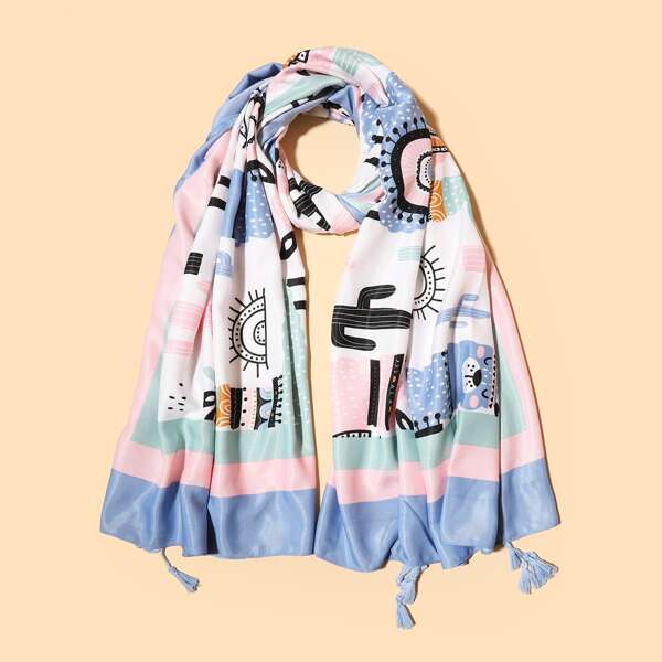 

Cactus Pattern Tassel Hem Scarf, Multicolor