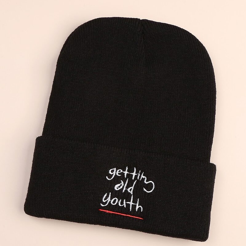 

Slogan Embroidery Beanie, Black