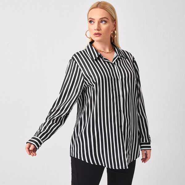 

Plus Striped Button Through Blouse, Black and white
