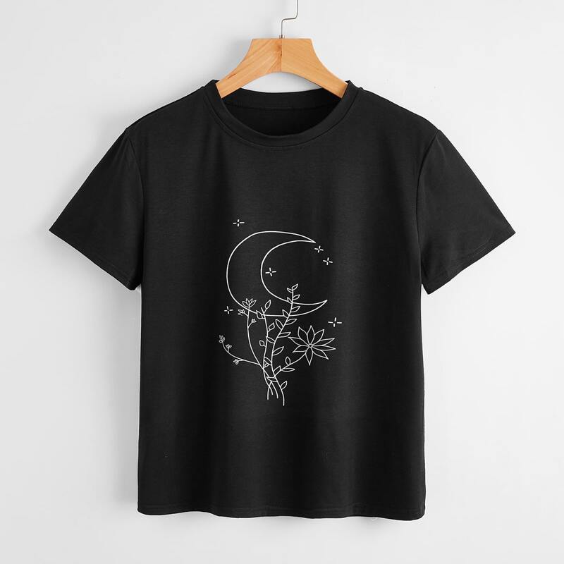 

Moon & Flower Graphic Tee, Black