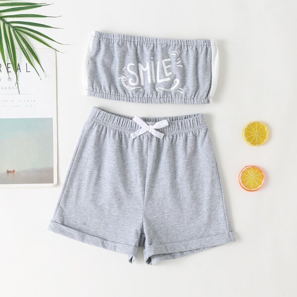

Toddler Girls Letter Graphic Tube Top & Shorts, Grey