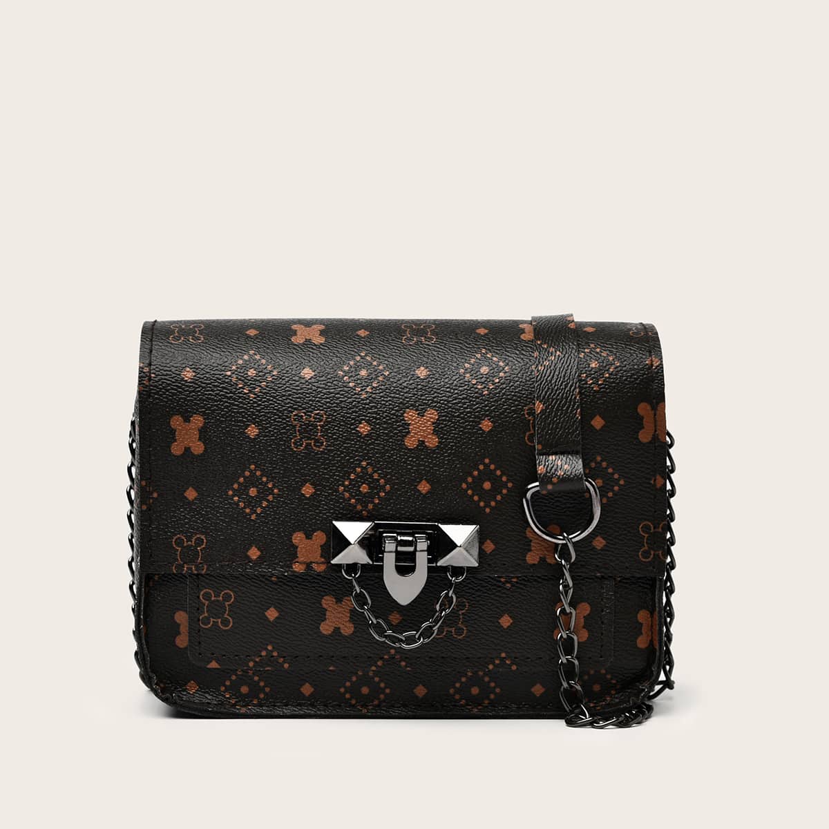 

Chain Decor Geometric Graphic Flap Crossbody Bag, Chocolate brown