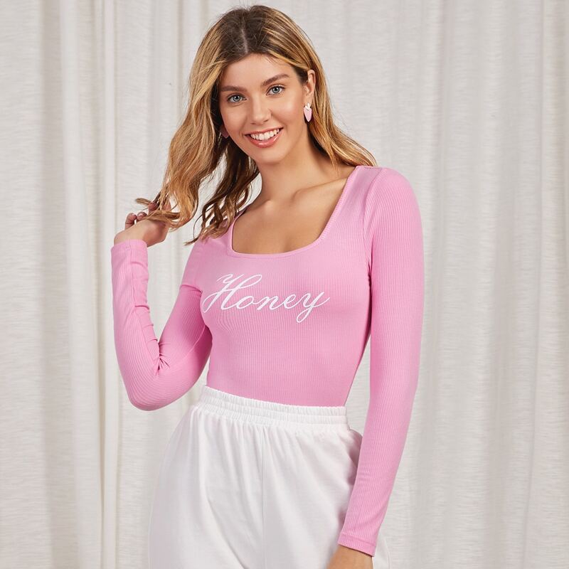

Letter Graphic Rib-knit Top, Pink