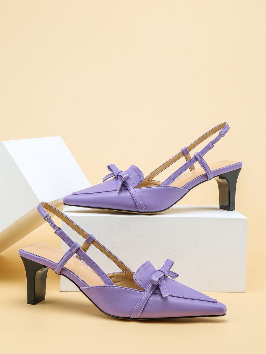 蝴蝶結裝飾露跟粗高跟鞋 - 紫色 - 查看 1