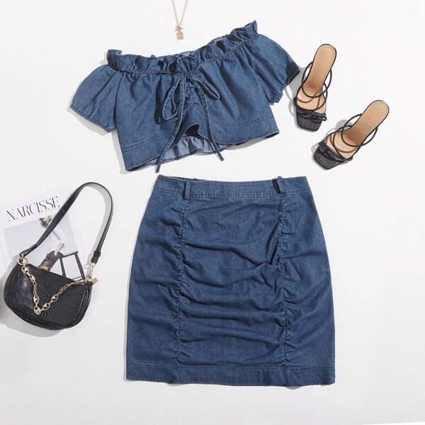 

Plus Ruffle Trim Denim Bardot Top & Denim Skirt, Medium wash