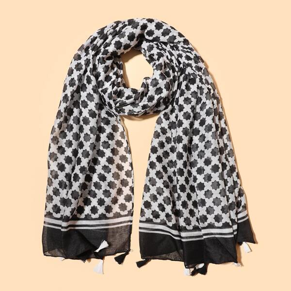 

Striped Print Tassel Decor Scarf, Black and white