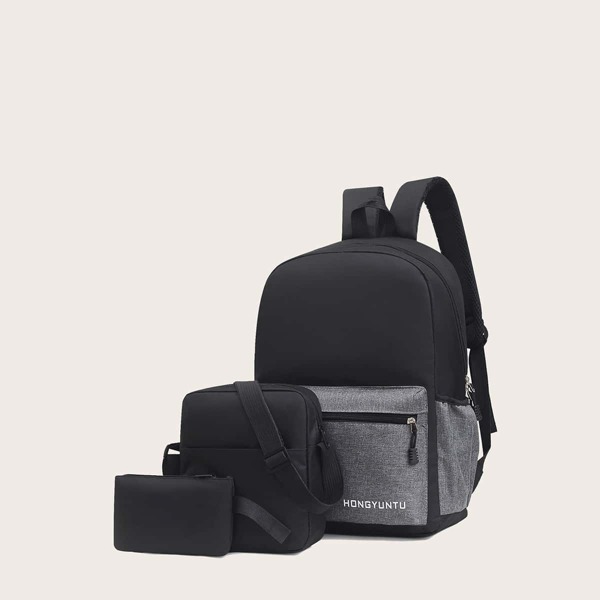 

3pcs Men Letter Graphic Pocket Front Backpack Set, Black