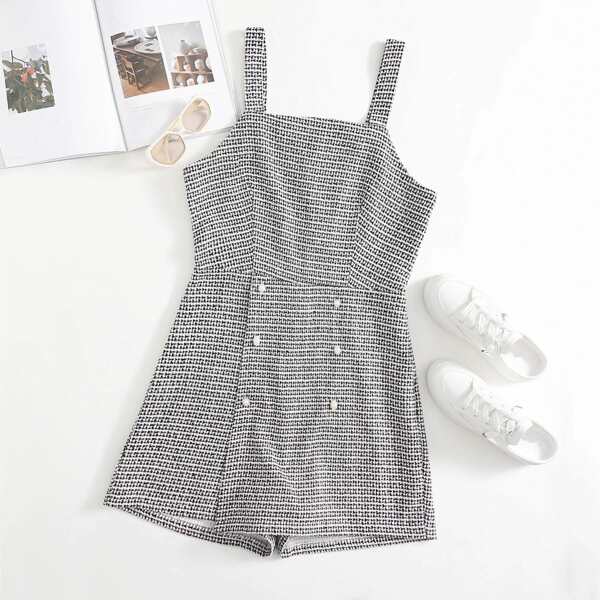 

Plus Plaid Tweed Cami Romper, Black and white