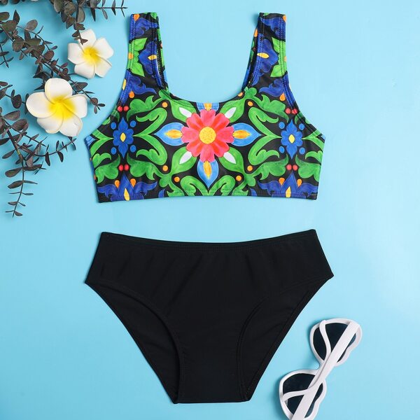 

Girls Floral & Leaf Print Bikini Swimsuit, Multicolor