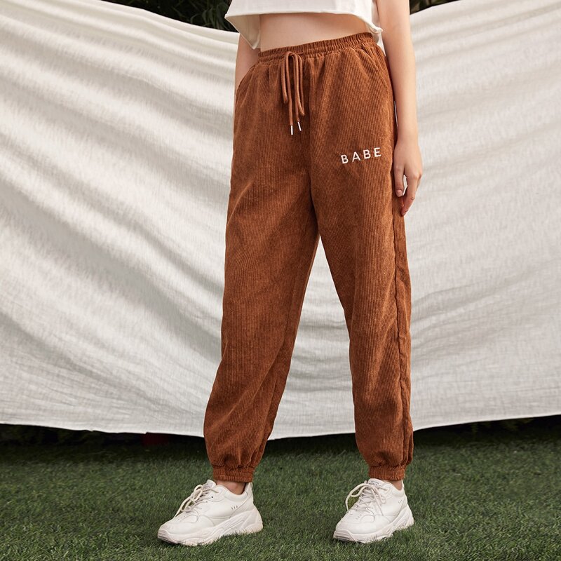 

Drawstring Waist Embroidery Letter Cord Pants, Coffee brown