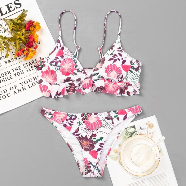 

Floral Ruffle Hem Bikini Swimsuit, Multicolor