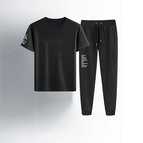 

Men Slogan Graphic Tee & Drawstring Sweatpants, Black