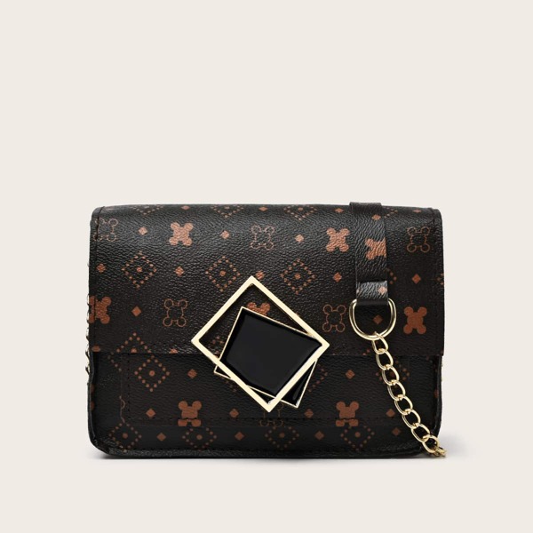 

Metal Decor Geometric Graphic Crossbody Bag, Brown