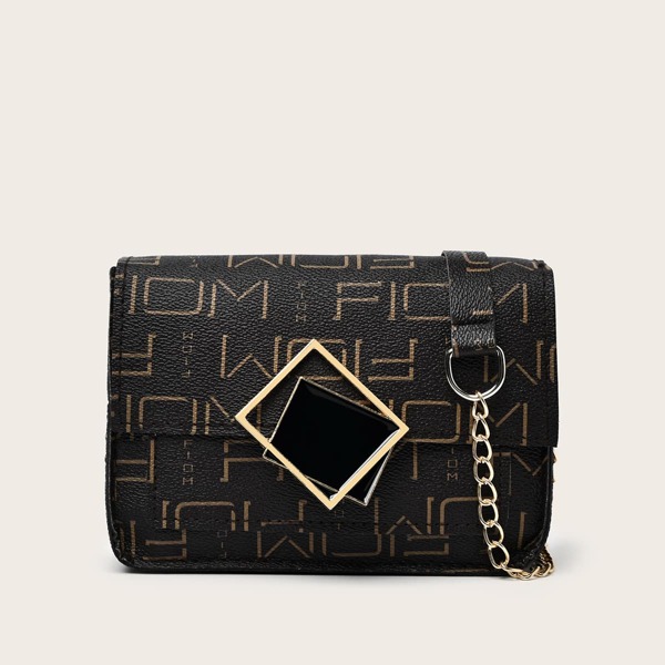 

Metal Decor Letter Graphic Crossbody Bag, Brown
