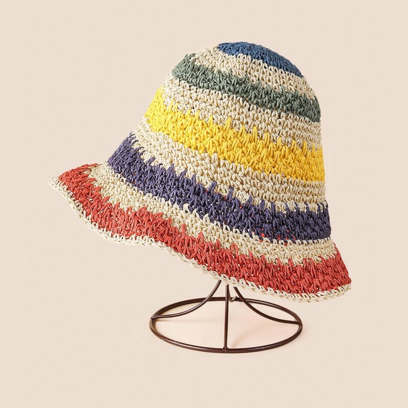 

Color Block Bucket Straw Hat, Multicolor