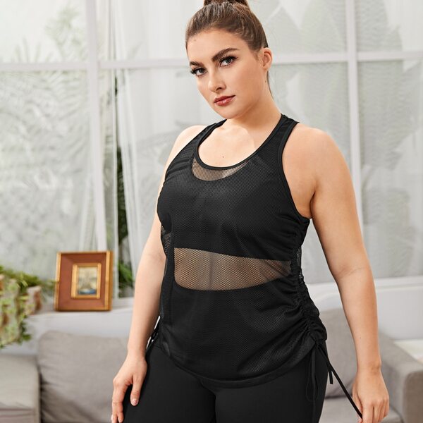 

Plus 1pc Fishnet Drawstring Side Sports Tee, Black