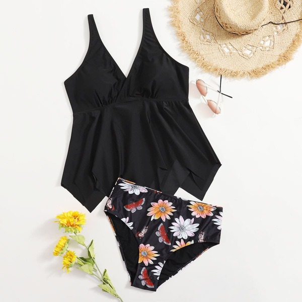 

Plus Floral & Butterfly Print Bikini Swimsuit, Black