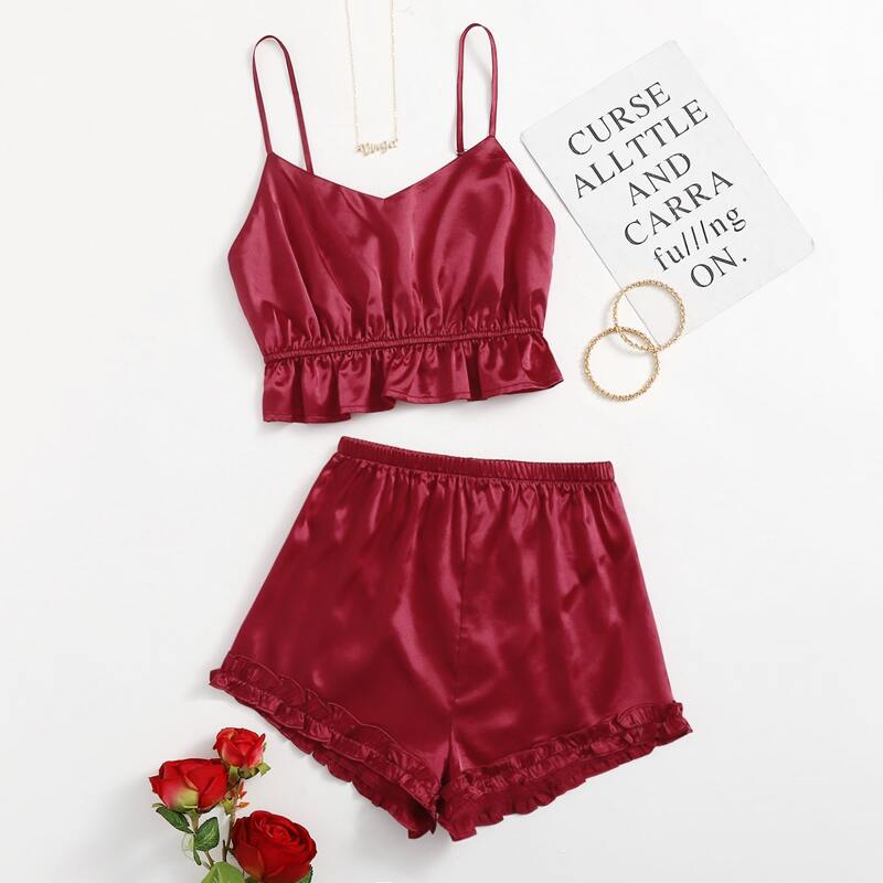 

Satin Ruffle Hem Night Set, Burgundy