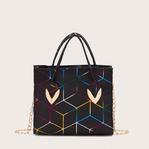 

Geometric Graphic Chain Satchel Bag, Black