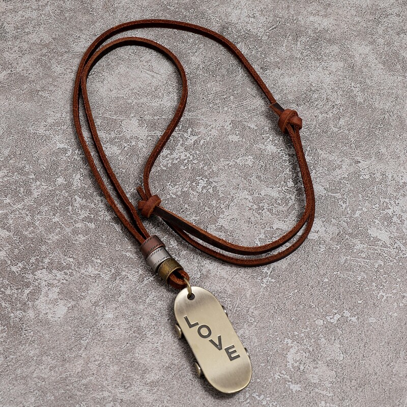 

Guys Letter Engraved Skateboard Charm Necklace, Brown