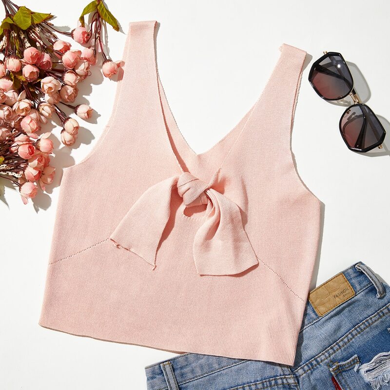 

Tie Front Solid Crop Knit Top, Pastel baby pink