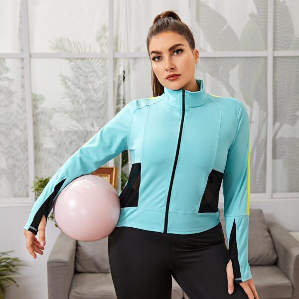 

Plus Zip Up Colorblock Sports Jacket With Thumb Holes, Mint blue