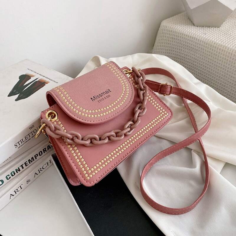 

Embroidery Trim Chain Crossbody Bag, Dusty pink