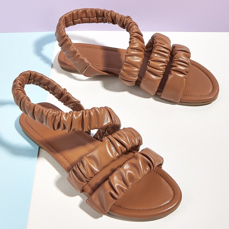 

Ruched Slingback Flat Sandals, Brown