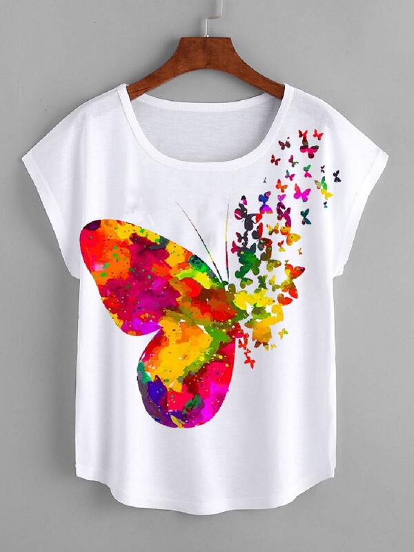 EMERY ROSE Tricou cu mânecă liliac cu imprimeu fluture