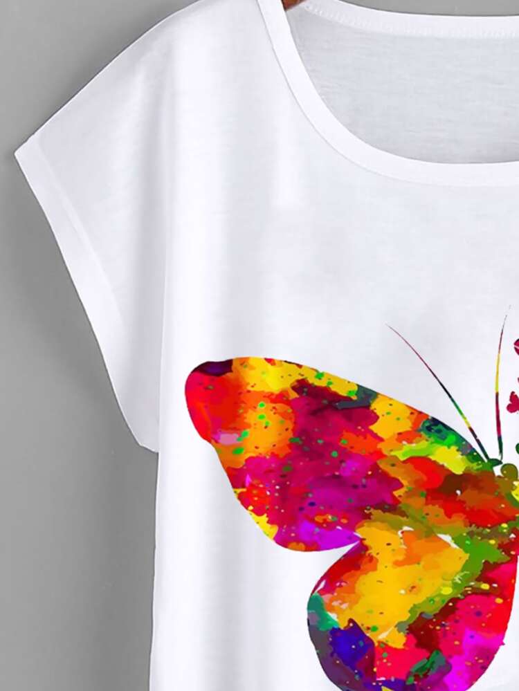 Butterfly Print Batwing Sleeve Tee