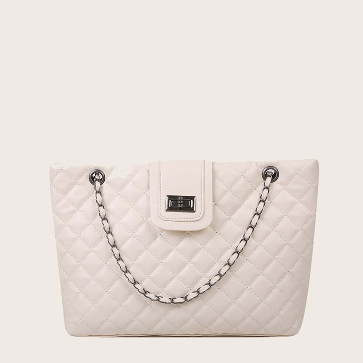 

Quilted Chain Tote Bag, Beige