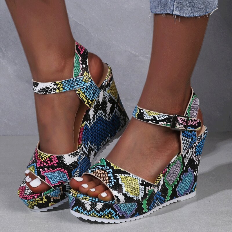 

Snakeskin Ankle Strap Wedge Sandals, Multicolor