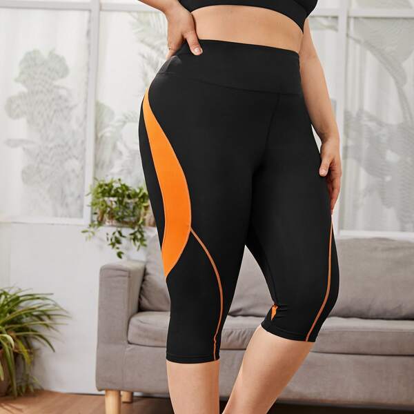 

Plus Contrast Panel Sports Leggings, Black