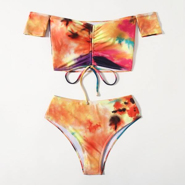 

Tie Dye Drawstring Bardot Bikini Swimsuit, Multicolor