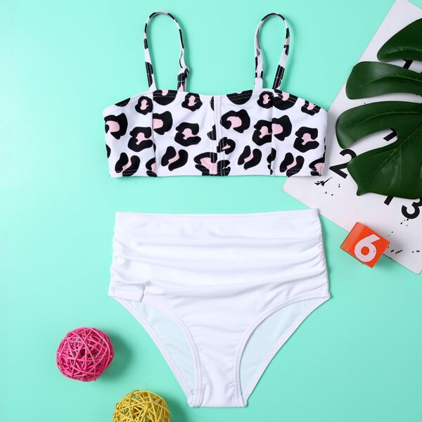 

Girls Leopard Ruched High Waisted Bikini Swimsuit, Multicolor