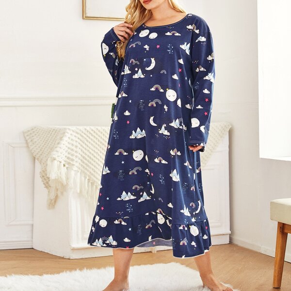 

Plus Cartoon Graphic Ruffle Hem Nightdress, Navy blue