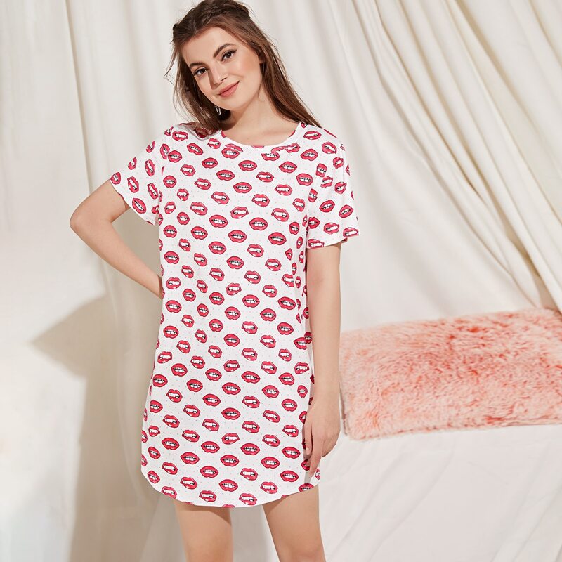 

Allover Lip Print Nightdress, White