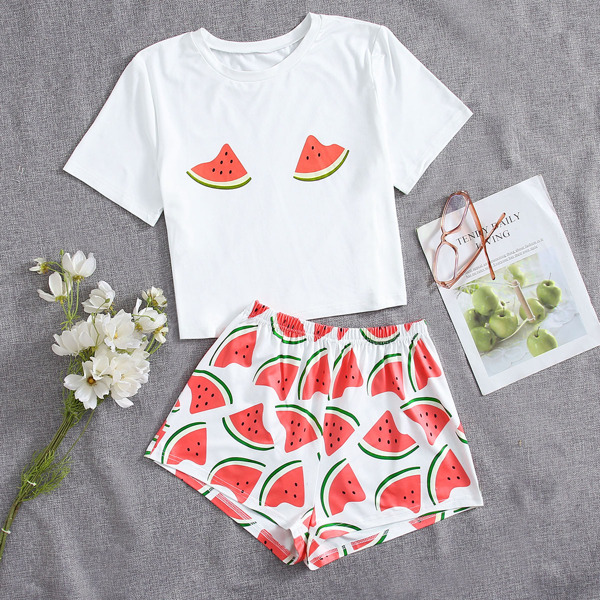 

Watermelon Print Tee & Shorts PJ Set, Multicolor