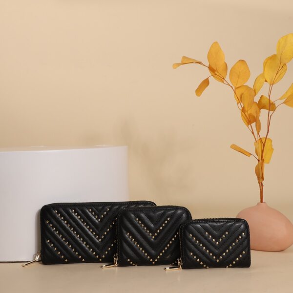 

3pcs Studded Decor Chevron Purse Set, Black
