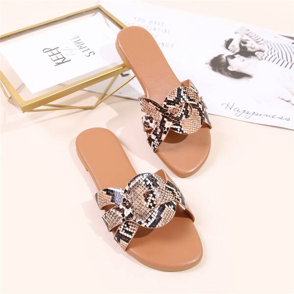 

Snakeskin Print Slide Sandals, Brown