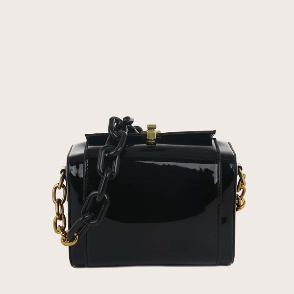 

Patent Metal Lock Chain Shoulder Bag, Black