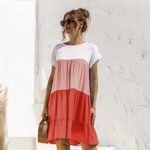

Contrast Panel Flounce Sleeve Smock Dress, Multicolor