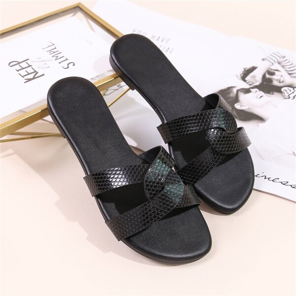 

Plain Textured Slide Sandals, Black