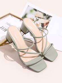 Thin Strap Chunky Heeled Mules - Green - View 1