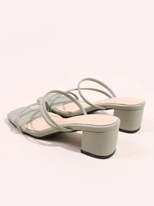 Thin Strap Chunky Heeled Mules - Green - View 2