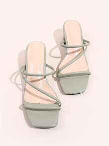 Thin Strap Chunky Heeled Mules - Green - View 5