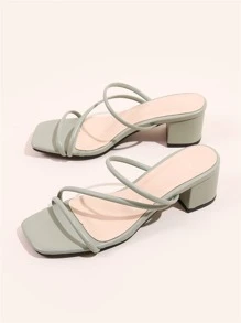 Thin Strap Chunky Heeled Mules - Green - View 6